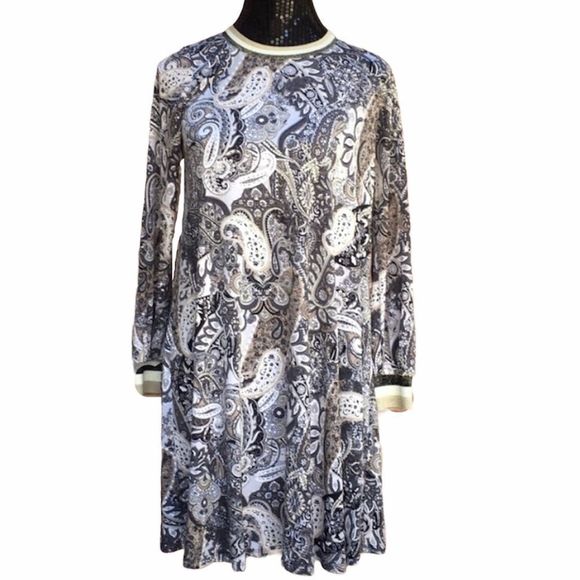 Prelude Paisley Pattern Metallic Speckled Stripe Knit Crew Neck Cuff Shift Dress - Picture 5 of 9